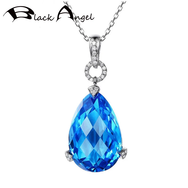 

BLACK ANGEL 2020 Water Drop Shape Sky Blue Topaz Sapphire Choker 925 Silver Birthstone Pendant Necklace For Women Jewelry Gift