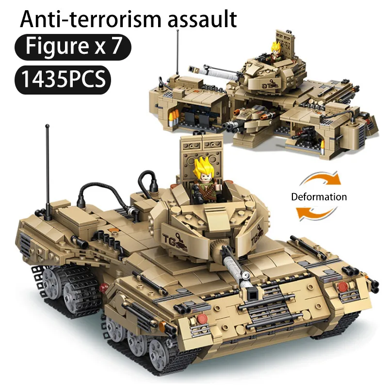 

PANLOS BRICK 1435pcs 2 in 1 Military Series WW2 Anti-terrorism Assault Tank Vehicles Building Blocks Legoly Tank Block Toys Gift