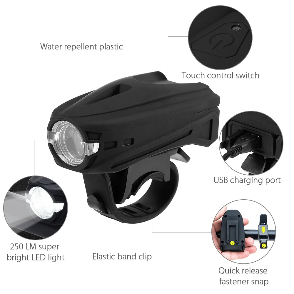 

Bike Light USB Rechargeable Bicycle Front Light 250LM LED Headlight MTB Bike Cycling Safety Warning Flashlight Accessary