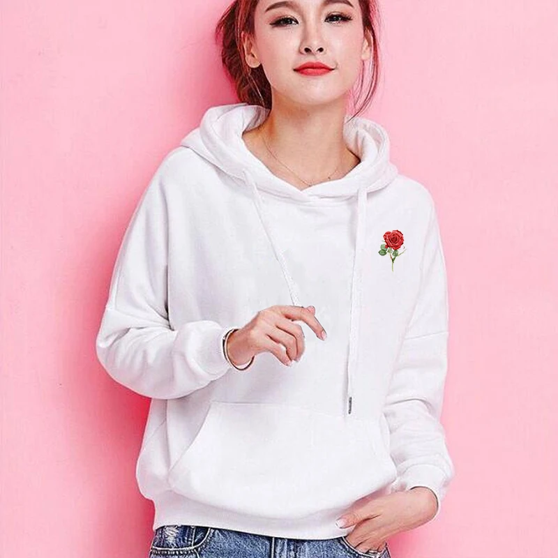  Autumn Hoodies Sweatshirts for Women Rose Printed Off Female Jumper Pullover Casual Long Sleeve Top