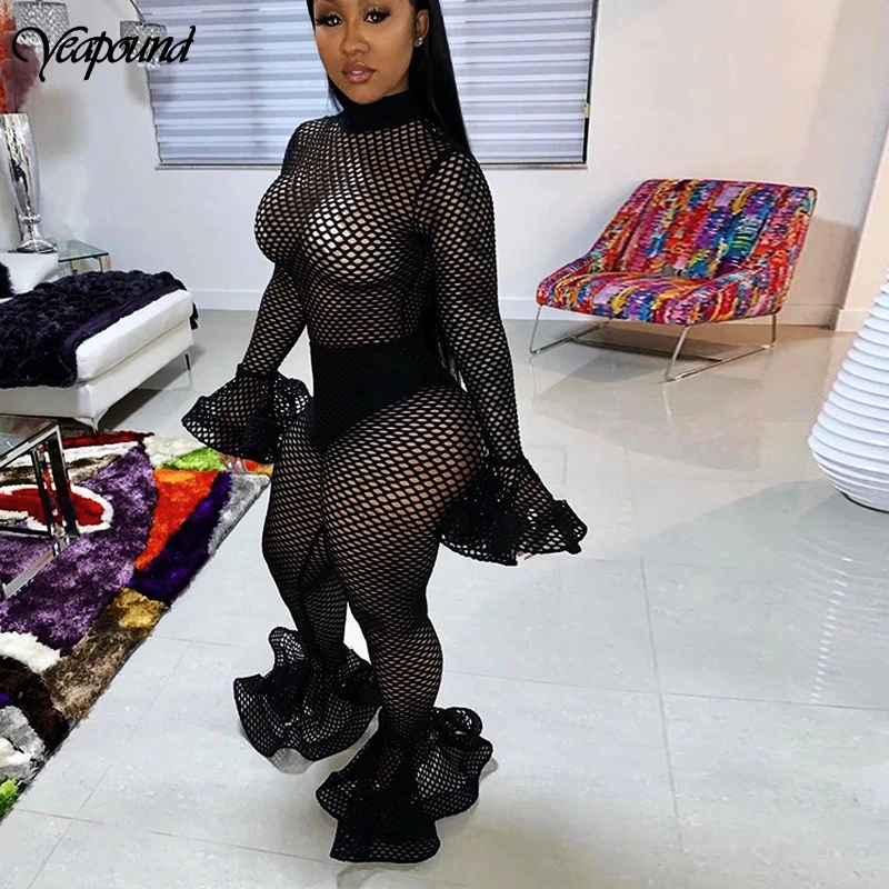 

Women Sheer Knit Net Jumpsuit Sexy Deep V-Neck Flare Sleeve Playsuit Romper Ladies Long Sleeve Hollow Out Body Suit Overalls