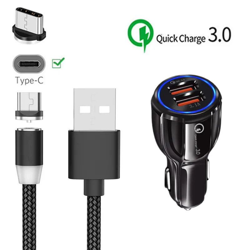 Car charger 1M cable Магнитный кабель типа C QC 3,0 USB быстрое автомобильное зарядное устройство для samsung galaxy Xcover 4S A5 A7 Note 10 Oppo Reno Z Redmi Note 7 8 Pro - Тип штекера: Car charger 1M cable