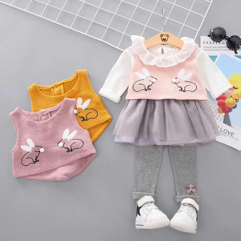 

Children Spring And Autumn GIRL'S Sweater Knitted Vest New Style Children Baby Girls Long Sleeve Mesh Skirt Three-piece Set