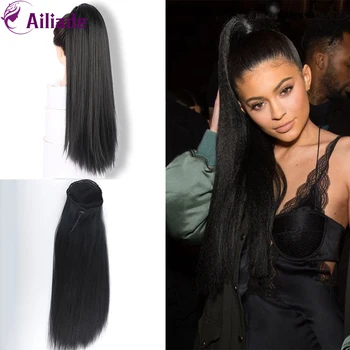 

AILIADE 20 Inches Synthetic Long Ponytail Hair Extensions Drawstring Heat Resistant Natural Straight Ponytail Fake Hairs