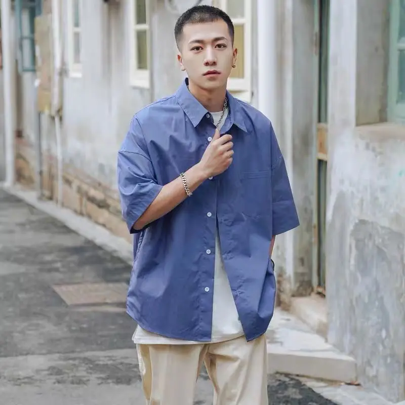 

Летняя мужская Однотонная рубашка в гонконгском стиле, свободная рубашка в Корейском стиле со средним рукавом, мужская повседневная куртка
