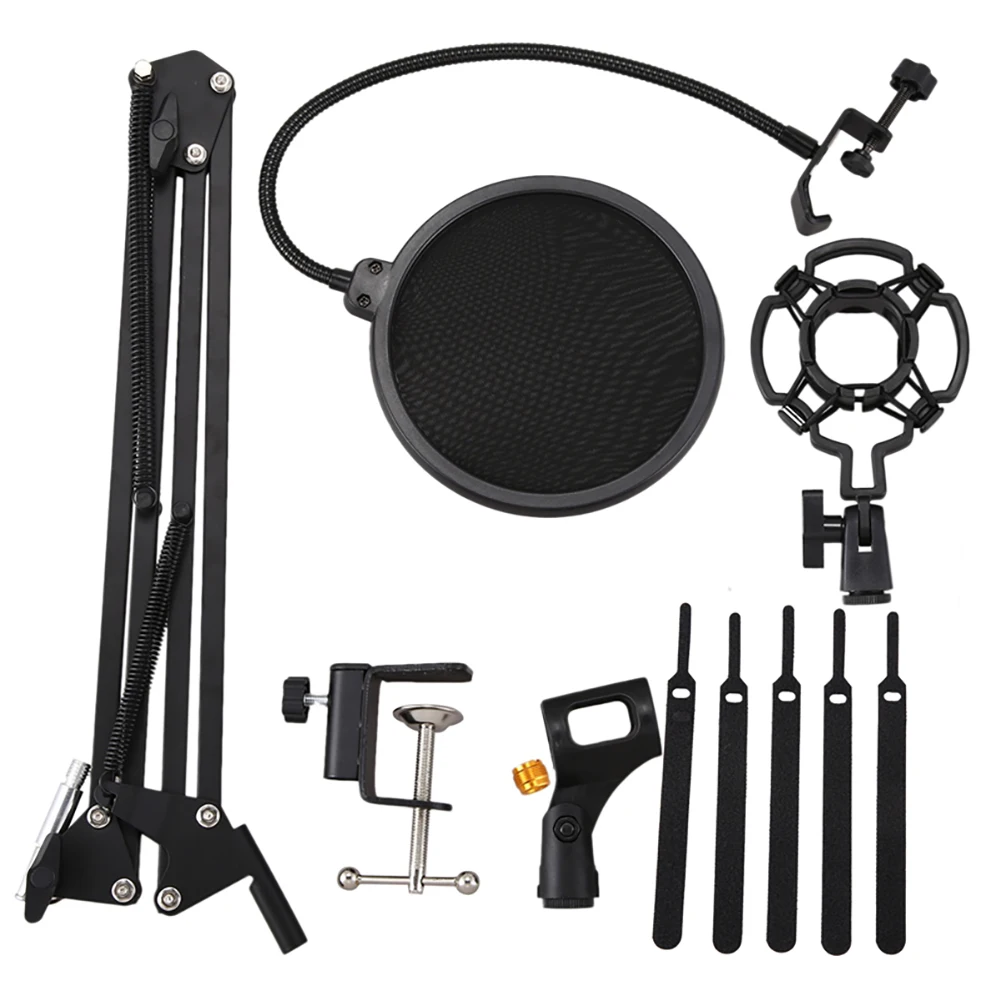 

Desk Suspension Boom Microphone Arm Stand Scissor Mic Arm Stand with 3/8-5/8 Screw Shock Mount Pop Filter Clip Cable Ties Black