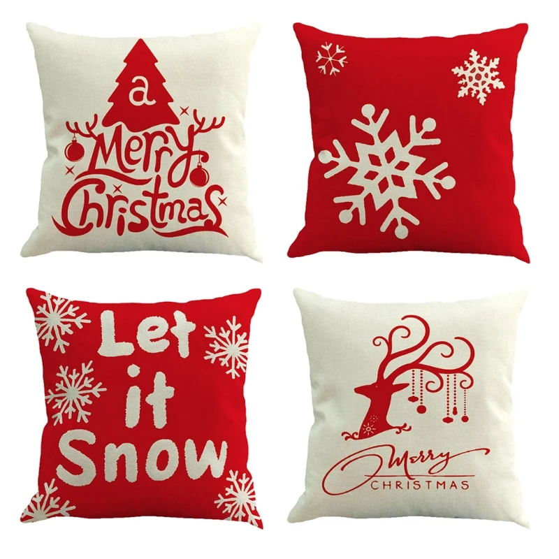 

4pcs Christmas Pillow Cover Linen Throw Sofa Cushion Case Snowflake Decorative for car, home, sofa, bedroom, living room