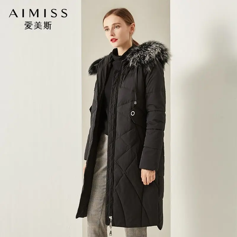 AIMISS Новая модная женская черная пуховая куртка с капюшоном, с перьями, на молнии, свободная теплая верхняя одежда