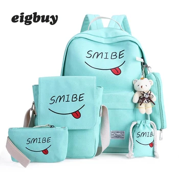 

5pcs/set Travel Backpack Shoulder Bag Korean Version Smiley Expression Backpacks Canvas School Bag For Teen Girls Women Casual