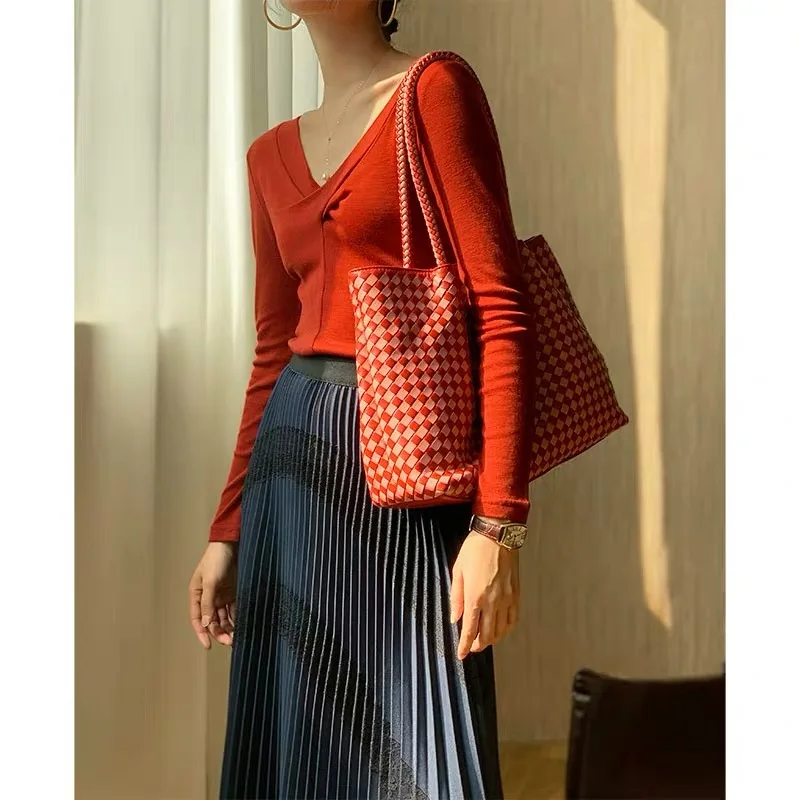 

Women's bags luxury handbags women bags designer Nu Zhen leather bag Shoulder Color matching Hand knitted Sheepskin portable