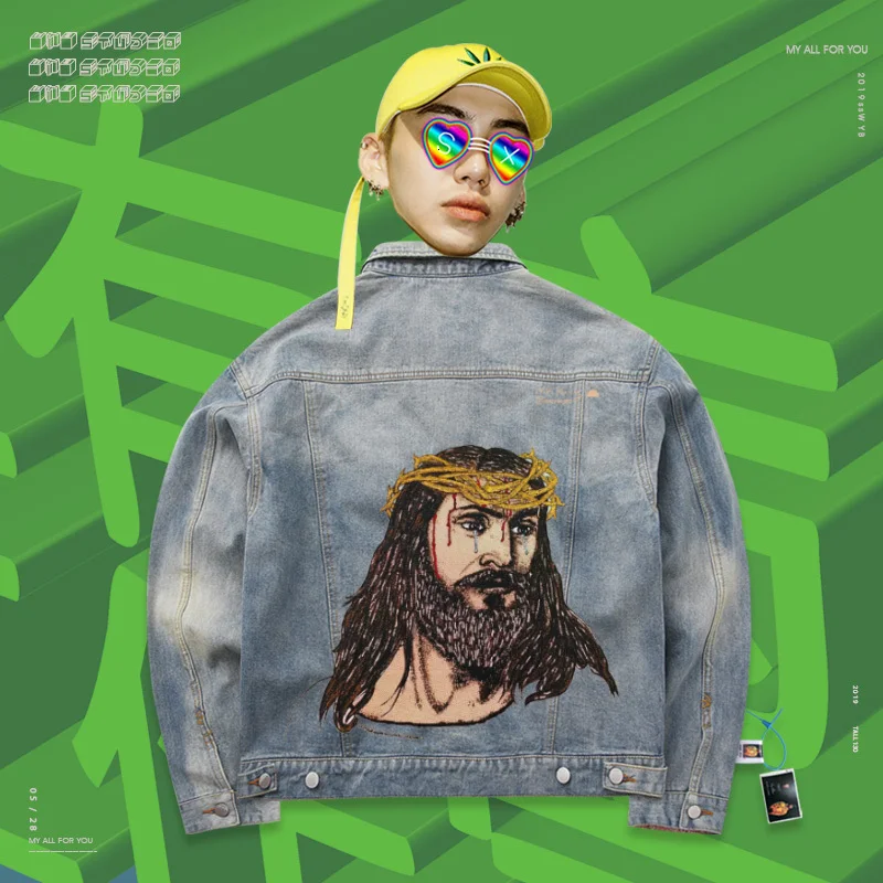 

2019 new Demin jacket Long Sleeve Loose Fashion brand Jesus pattern vintage oldschool dark high street Couples coat