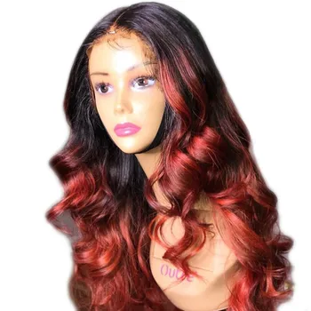 

Ombre Colored Human Hair Wigs 1b Red Burgundy Deep Part 180 Density Lace Front Wig for Black Women Remy Loose Wave