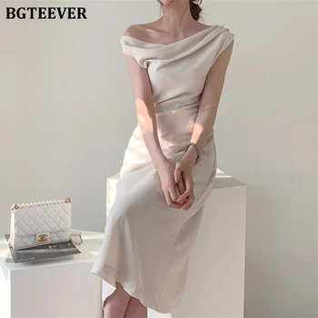 

BGTEEVER Elegant Slash-neck Women Summer Dress Vintage Slim Waist Female A-line Dress 2020 Midi Party Vestidos Femme