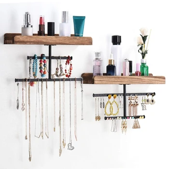 

2PCS Hanging Wall Mounted Jewelry Organizer with Rustic Wood Jewelry Holder Display for Necklaces Bracelet Earrings Ring