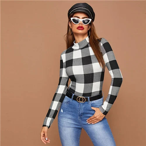 SHEIN Красная футболка в клетку Buffalo, облегающий Топ, Женская Весенняя Офисная Женская эластичная Элегантная футболка с воротником-стойкой - Цвет: Black and White