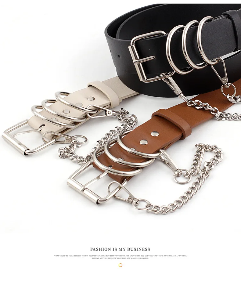 New Women Leather Chain Ring Belt Female Square Pin Buckle Waistband White Black Fashion Hot Waist Belt For Jeans Trousers Z20