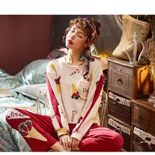 Женский пижамный комплект, хлопковый топ+ длинные штаны с принтом, комплект из 2 предметов, модный Удобный пижамный комплект для девочек, женская пижама