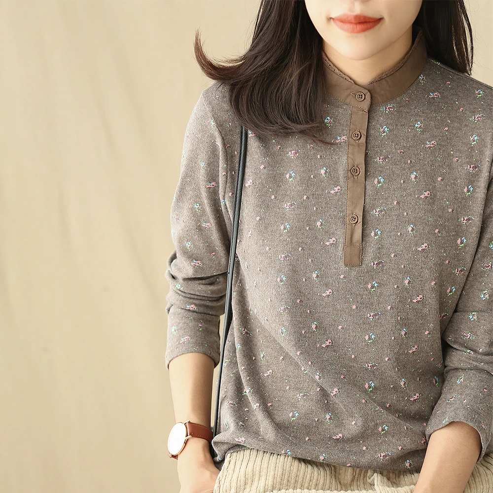

Rustic little flowers print lacing stand collar long sleeve cotton basic t-shirt tee autumn winter