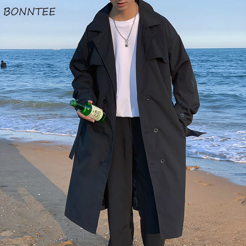 Gabardina lisa con doble botonadura para hombre, diseño Simple, estilo coreano, prendas de vestir combinables, ocio, elegante suelto, moderno y guapo