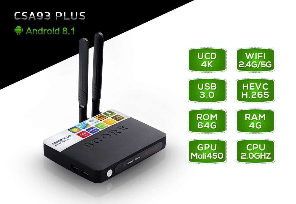 Новейший CSA93 Plus Android 8,1, 4 ГБ/64 Гб RK3328 четырехъядерный процессор Ultra HD Smart tv Box. 2,4G/5G Wi-Fi USB 3,0 Декодер каналов кабельного телевидения