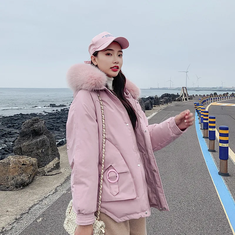 

Photo Shoot Winter New Style Fashion Solid Color Large Fur Collar down Coat Short Cotton-padded Clothes Women's
