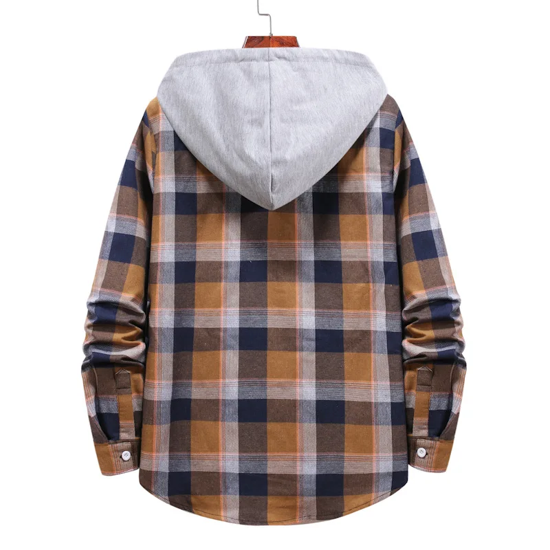 Men's Fashion Long Sleeve Stitching Plaid Hooded Shirt Spring/Autumn Casual Thin Jacket Street Style Retro Shirt Button Up Shirt