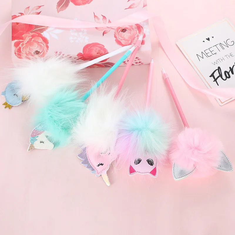 

Cartoon Unicorn Pompom Hair Ball Pen Cute Kawaii Plush Pendant Gel Pen Stationery Student Ink Pen Gifts New Arrive Hot Sale