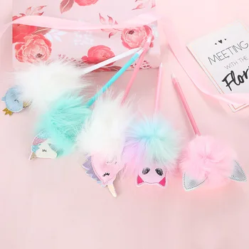 

Cartoon Unicorn Pompom Hair Ball Pen Cute Kawaii Plush Pendant Gel Pen Stationery Student Ink Pen Gifts New Arrive Hot Sale