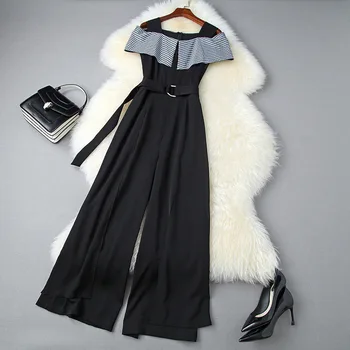

Women girls cute plaid ruffles black jumpsuits rompers summer 2020 cut out cold shoulder wide leg long jumpsuits