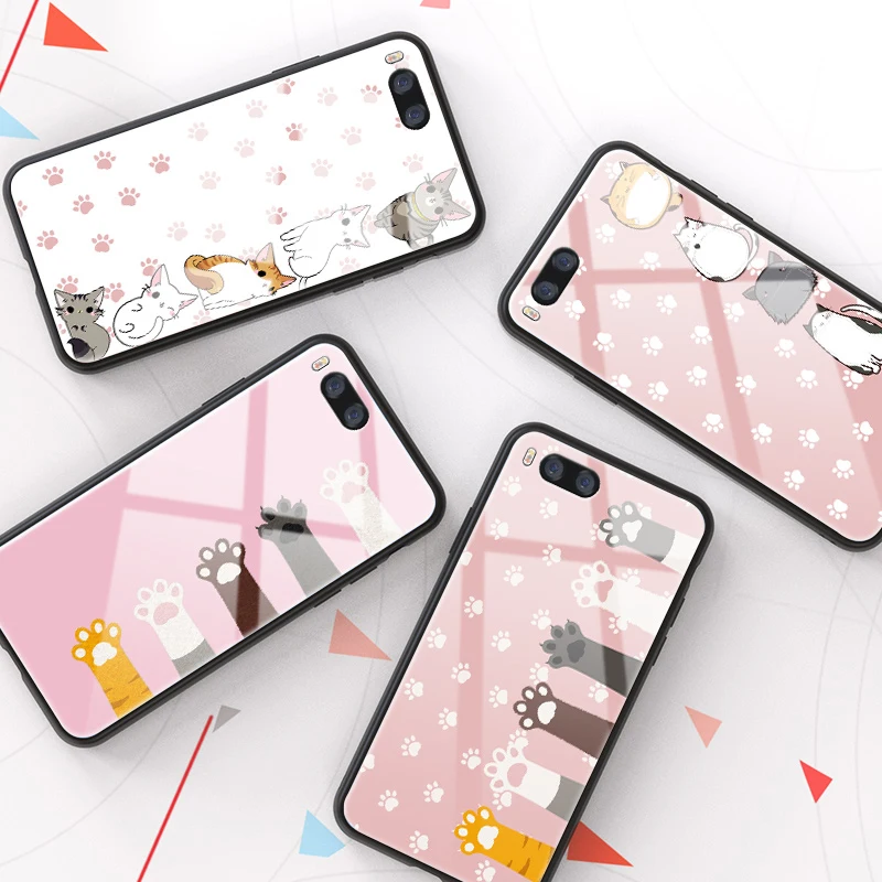 

Tempered Glass Phone Case For Xiaomi Note 2 3 Cartoon Cat Cat Claw Back Cover