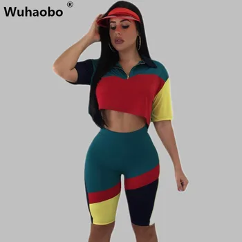 

Wuhaobo 2020 Summer Sport Sets Patchwork Sexy Zip Crop Top And Shorts Two Piece Set 2 Piece Outfits For Women Tracksuit