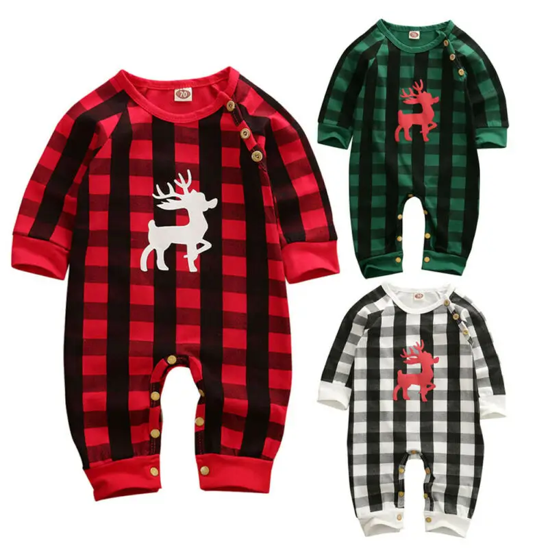 

0-18M Infant Baby Boy Little Brother Christmas Romper Long Sleeve Plaid Jumpsuit Winter Clothes Outfit