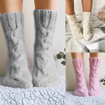 

Woman Socks Knitted Girls Casual Socks Pink Gray White Thickless Knee Socks Stocking Women Winter Warm Knitting Socks Autumn