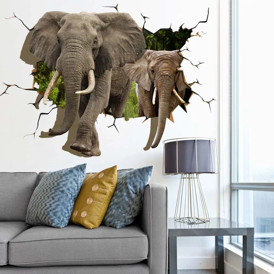 Wild Animal Giraffe Elephant Break the Wall 3D Sticker 3D Effect Decals for Kids Children Nursery Baby Room Living Room Sofa background Decoration Home Art Vinyls Mural Creative Removable Self-adhesive Wallpaper Gift (3)