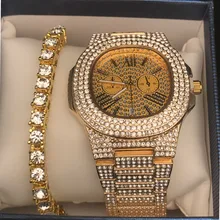 Роскошные мужские часы с бриллиантами золотого цвета, кубинские часы с цепочкой в стиле Майями, мужские часы и браслет в комплекте, ювелирные изделия в стиле хип-хоп, King