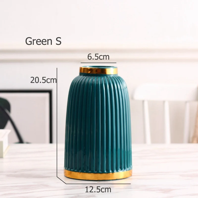 Green S 1pc Green Blue Ceramic Vase Origami Design Flower Vase with Golden Ring Home Decoration Green Leaf Filler Container - Цвет: Green S