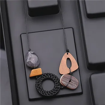 

Long Resin Wood Beads Charms Pendant Necklace For Women Large Geometric Handmade Statement Necklaces Girls Gift Fashion Jewelry