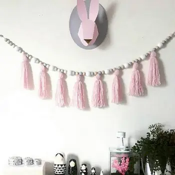 

Macarons Color Nordic Style Wooden Bead Tassel Girl Baby Beads Hanging Curtain Wall Hanging Sticker Children's Room Decoration
