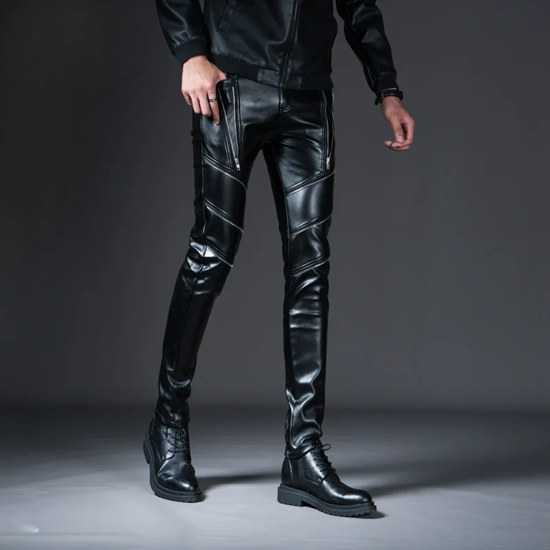 2021 men's leather pants with zipper decoration, youth winter windproof