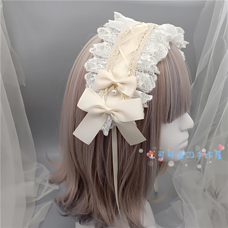 Японский сладкий лук волосы "Лолита" лента на шнуровке убор для головы с кружевами KC головной убор завязанный волос лента Лолита заколка для волос - Цвет: Rice white