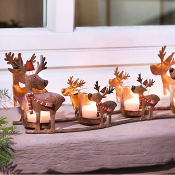 

Candle Holder Wrought Iron Elk Pull Car Candlestick Retro Christmas Mother And Children's Room Deer Sleigh with 4 Candle Cup