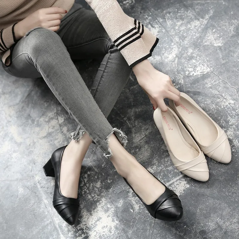 

9166 Chunky-Heel Shoes Women's Spring New Style Korean-style Comfortable Versatile WOMEN'S Shoes Business Work Shoes Shallow Mou