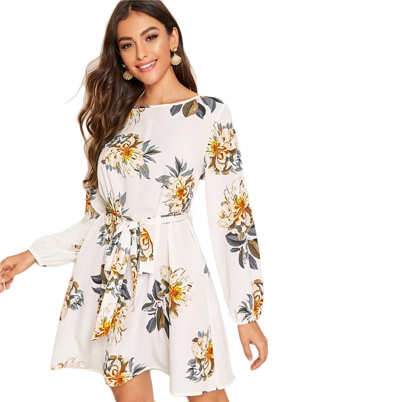 SHEIN белое платье с цветочным принтом и вырезом на спине, с поясом, женское осеннее однотонное платье с круглым вырезом и длинными рукавами, туника, короткие платья в стиле бохо