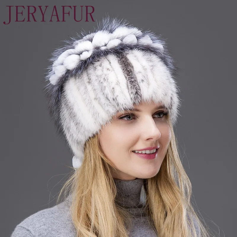 frau зимняя русская pelz mode echt pelzmutze nerz kaninchen naturliche fuchs stricken wolle ski hut warme ohr schutz reis - Цвет: COLOR4