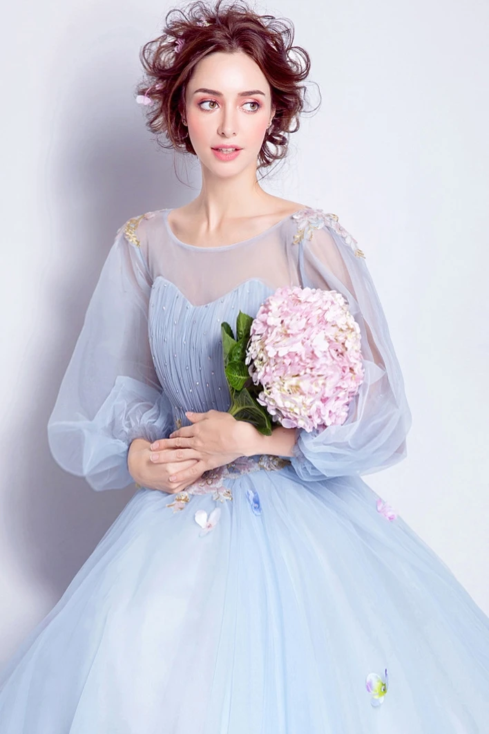 Сладкий 16 лет аппликация светильник синие Бальные платья vestido де дебютантка 15 anos бальное платье с длинными рукавами и прозрачное платье для выпускного вечера