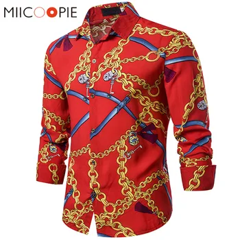 

Mens Shirts New Luxury Retro Red Metal Chain Key Printed Social Tuxedo Slim Fit Chemise Homme Manche Longue Hip Hop Streetwear