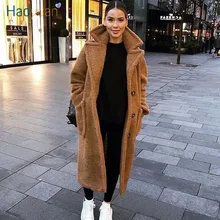 HAOYUAN плюшевое пальто женское зимнее повседневное свободное плюшевое длинное пальто плюшевого мишки оверсайз флисовое толстое теплое пальто куртки из искусственного меха