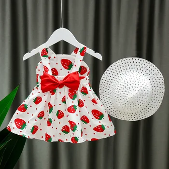 

2020 Baby Girls Princess Dress Summer Toddler Strawberry Print Spaghetti Strap Dress with Hat Children's Bow Sleeveless Clothing