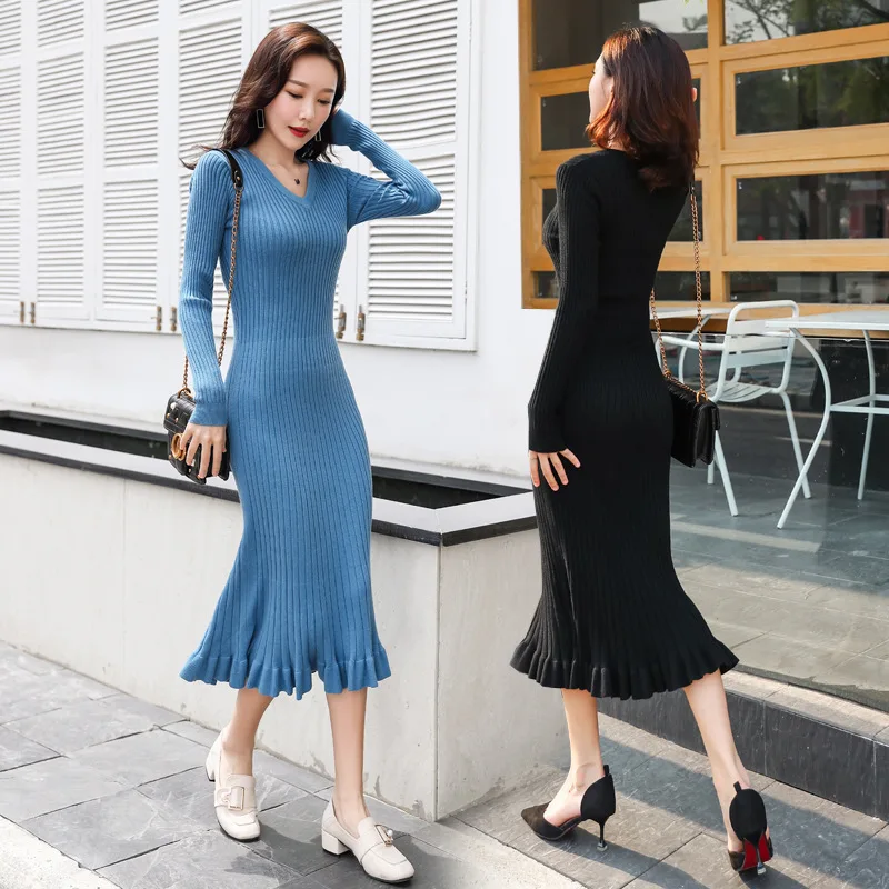 Трикотажное сексуальное платье с длинным рукавом осенне зимние хлопковые платья