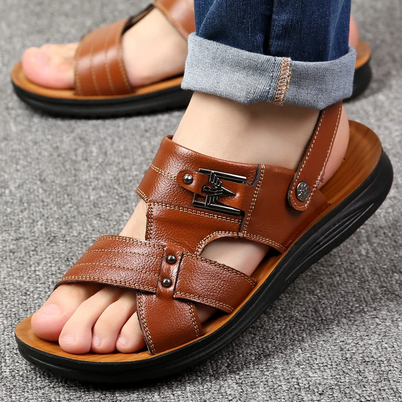 Summer casual shoes men sandals 2022 fashion solid pu leather slip on